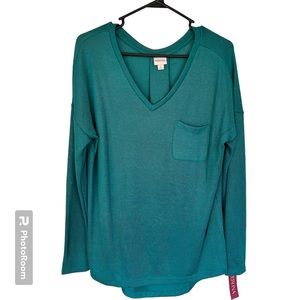 Merona Long Sleeve Pullover Top Teal Green Pleat in Back Size S